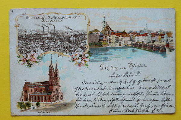 Ansichtskarte Gruß aus Basel / Ortsansicht mit Münster / 1900 / Fabrik von Hoffmann Stärkefabriken Salzuflen Detuschland / Litho